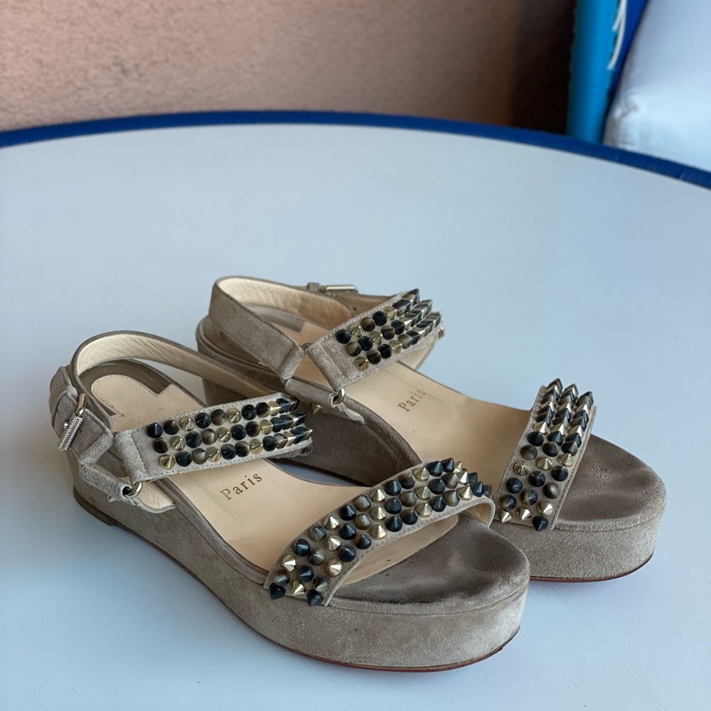 Christian Louboutin Beige Greige Suede Bikee Deck Wedge Sandals